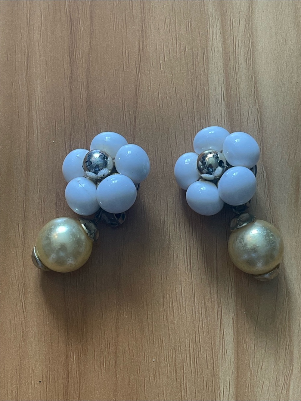 White Bead Flower Clip-On Earrings with Gold Faux Pearls